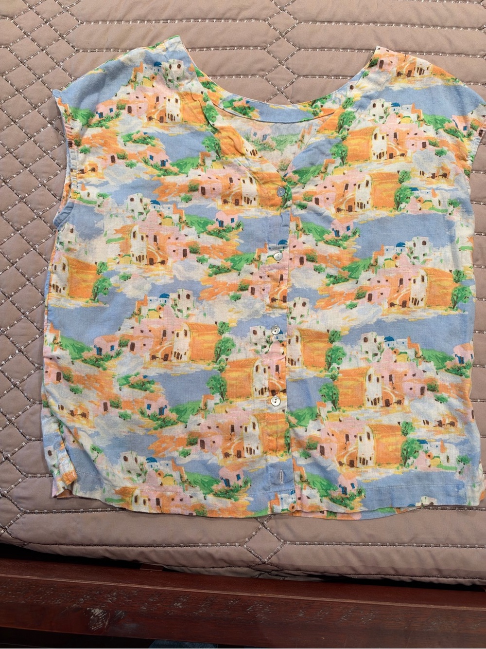 Woman’s Pastel Village Print Button-Front Top - Blue/Pink/Green
